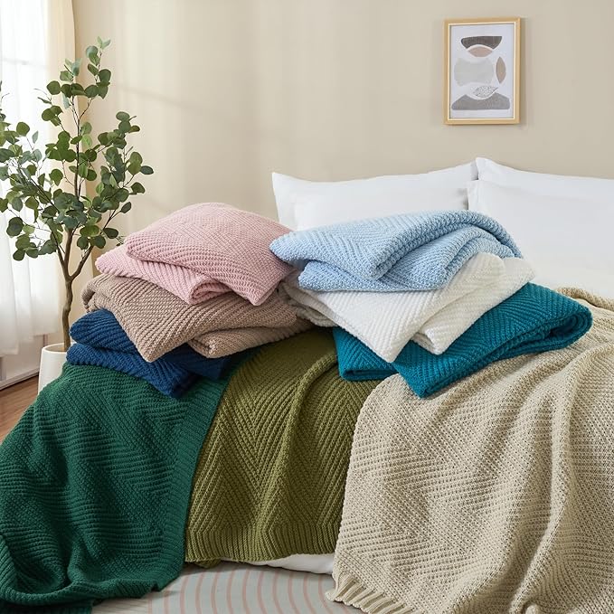 Knitted Throw Blanket 60"X80", Light Blue Knit Throws for Bed, Super Soft Boho Chevron Blankets for Couch Sofa Chair Room Decor, Textured Decorative Farmhouse Cozy Lightweight