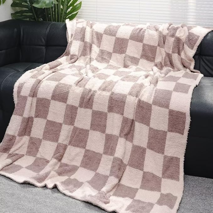 Soft Checkered Throw Blanket, Ultra Cozy Knit Throw Blanket Fluffy Fuzzy Reversible Checkerboard Blanket for Travel Couch Sofa Bed Decor, 51x63 inches, Khaki Cream