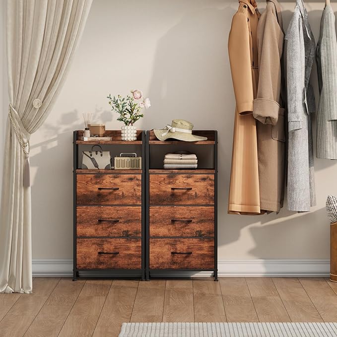 Somdot Nightstand with 3 Drawers, Dresser with Fabric Bins for Bedroom, Hallway, Entryway, Night Stand Bedside Table Furniture, Sturdy Steel Frame, Wooden Top, Easy Pull Fabric Bins, Wood Grain Print