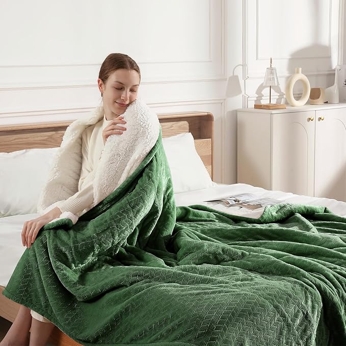 Electric Blanket Queen 84"x90" Heated Blanket Queen Size Dual Control Wheat Pattern Ultra-Soft Flannel & Thick Sherpa with 5 Heat Settings & 10H Auto Off, FCC/ETL Certified, Machine Washable, Green
