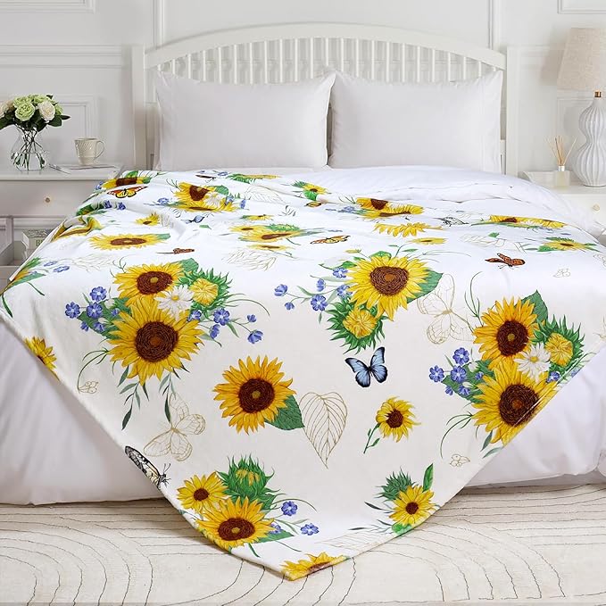 Sunflower Throw Blanket Ultra Soft Butterfly Floral Blanket Cozy Flannel Fleece Bed Blanket Lightweight Fuzzy Plush Flowers Couch Cover Sunflowers Gifts Throw Decor for Women Girls 50" X 60"