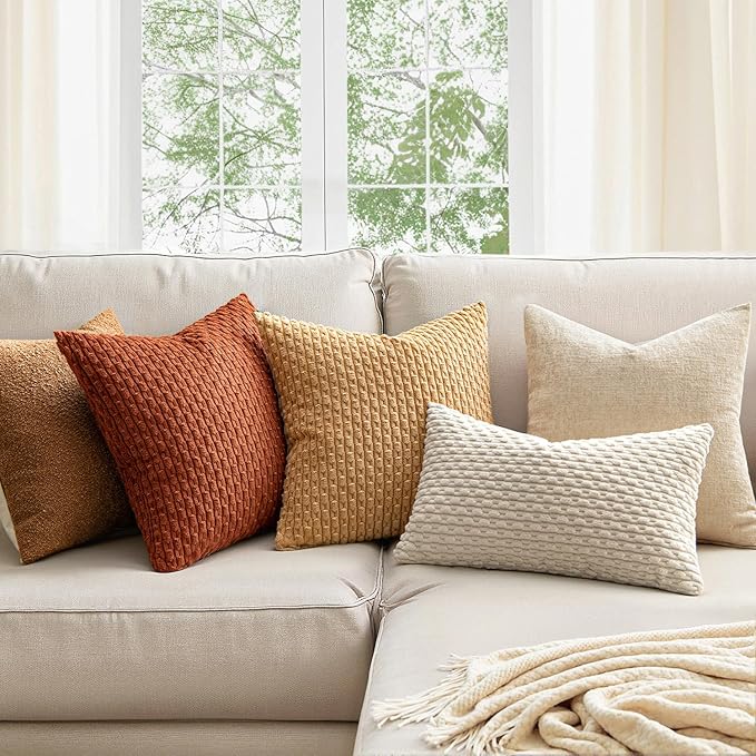 MIULEE Throw Pillow Covers Soft Corduroy Decorative Set of 2 Boho Striped Pillow Covers Pillowcases Farmhouse Home Decor for Couch Bed Sofa Living Room Rust 18x18 Inch