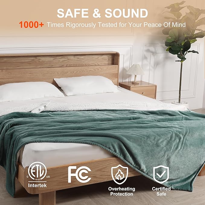 King Heated Blanket 100''X90'', Ultra Soft Silky Flannel & Fluffy Sherpa Heating Blanket Dual Control with 5 Heat Levels & 10 Hrs Timer, ETL Certified & Overheat Protection, Machine Washable