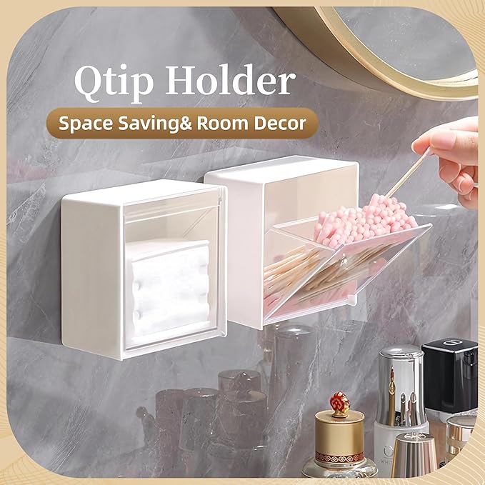 Qtip Holder Wall Mount for Cotton Swabs, Balls, Pads, Hair Ties,Floss Picks- Small Plastic Bathroom Wall Organizers and Storage Set,Bedside Shelf,Home Decor,Dorm Room Essentials (2)