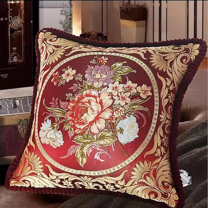 SZHELEJIAM Embroidered Pillow Cover Set of 2, Jacquard Throw Pillow Covers,Vintage Floral Decorative Cushion Covers for Sofa, Bed, Lounger.18.8x18.8 Inch Red