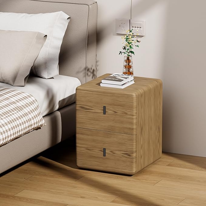 VICITON Narrow Nightstand with Drawers, Faux Leather Bedside Table, Solid Wood Drawer, Small Side Table for Bedroom (Leather Yellow Oak, 15.7" x 15.7" x 19.7")