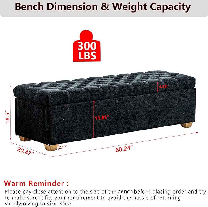 60.2" Storage Ottoman Bench for Bedroom Bed End,Chenille Bench with Seating,Button Tufted Ottomans with Storage for Living Room,Bedside,Entryway (Chenille Black, 60.2")
