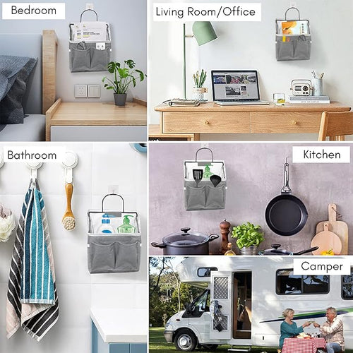 3pcs Wall Hanging Organizer Bag, Linen Fabric Door Hanging Storage Basket with Pockets, Waterproof Bin for Kitchen, Bedroom, Office, RV Camper (Gray)