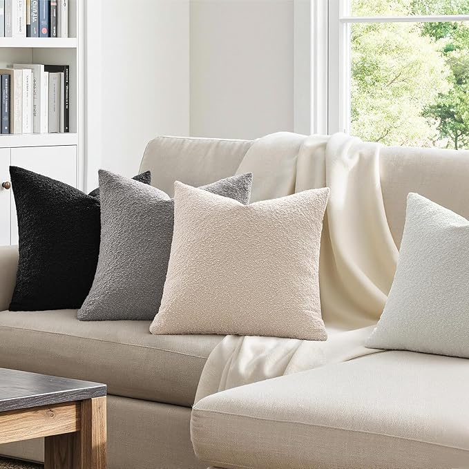 MIULEE Pack of 4 Decorative Textured Boucle Throw Pillow Covers 20x20 Inch Black White Accent Solid Pillow Cases Soft Couch Cushion Covers Modern Farmhouse Boho Chair Sofa Bed Livingroom Home Decor