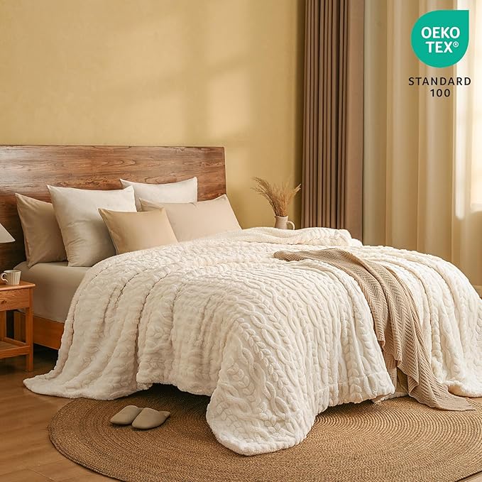 PHF Ultra Soft Sherpa Fleece Blanket Queen Size 90" x 90", 510GSM Fleece Lightweight Yet Warm Blanket for Winter Bed, No Shedding, No Pilling, Tufted Jacquard for Luxury Home Decor, Natural Cream