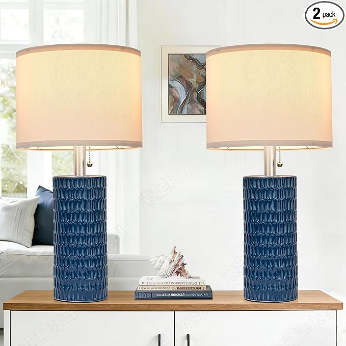 Table Lamps for Living Room Set of 2, Ceramic Table Lamps for Bedroom, 20" Modern Lamps for Night Stands, Blue
