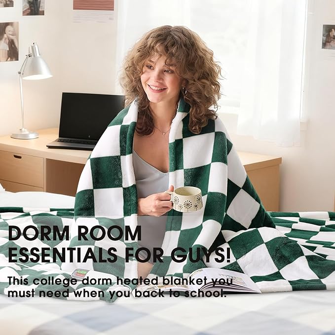 Heated Electric Blanket Throw, 50X60 Heating Blanket with 10 Heat Level & 8 Hours Auto Off for Lap, Dark Green Checkered Plaid Soft Sherpa Blankets for Mom Grandma Women Couch