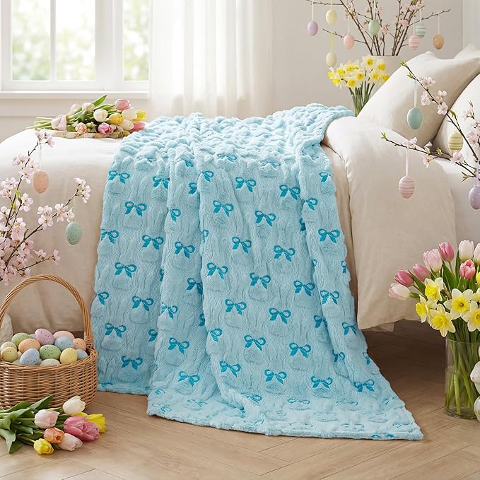 Horaldaily Easter Solid Blanket Throw, Blue Rabbits Bow Soft Fuzzy Plush Faux Fur Cozy Blankets for Couch Sofa Bed Lounging, Ideal Gifts for Kids Adults Wife Self, 60x80