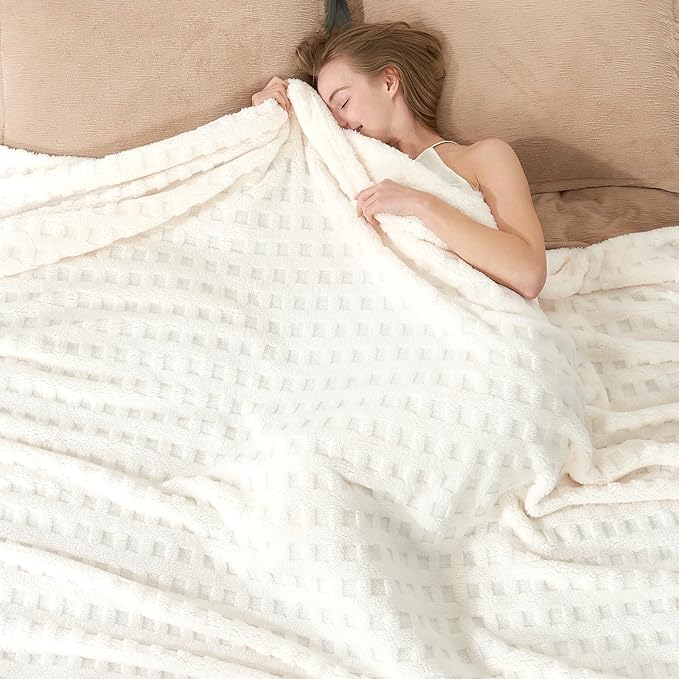 Cozy Bliss Ultrasoft Waffle Throw Blanket, Fluffy Cute Plush Blanket for Couch, Bed, Modern Home Accent, Portable for Picnic or Outdoor, Ivory, 50"x60"