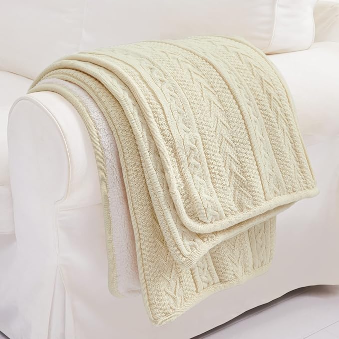Longhui bedding Cream 50 x 63 Inches Acrylic Cable Knit Sherpa Throw Blanket - Thick, Soft, Big, Cozy Beige Knitted Fleece Blankets for Couch, Sofa, Bed - Large Coverlet All Season