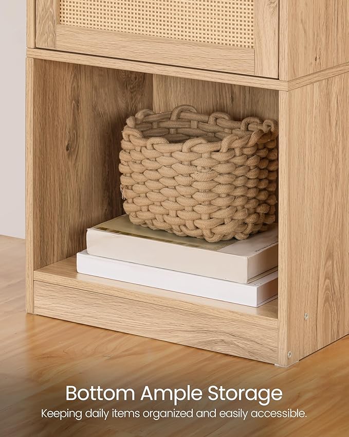 Rattan Nightstands Set of 2 with Charging Station, Boho Nightstand, Rattan Bedside Tables with Drawer, Storage Side Table with 2 USB Ports, Bedroom, Natural MBZ01UP2WO