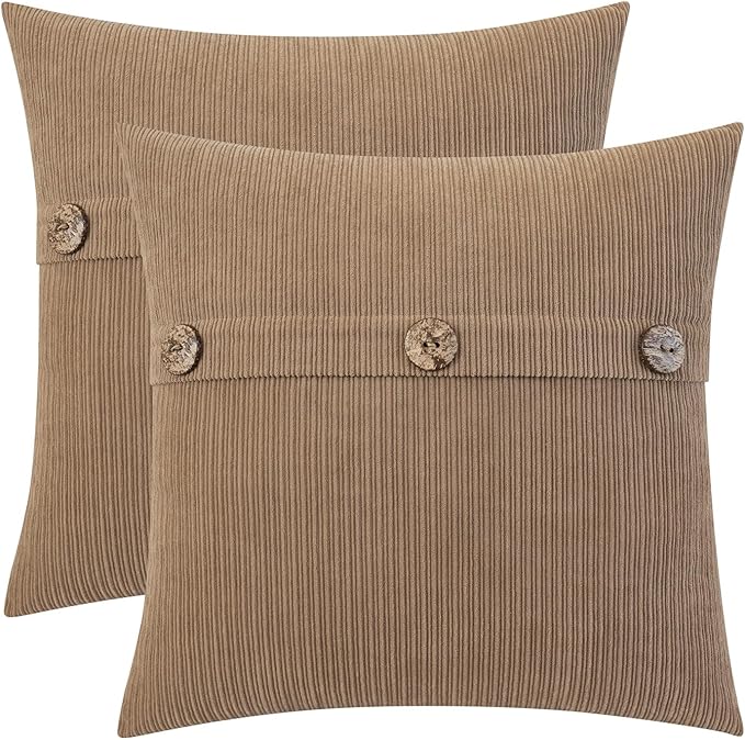 HWY 50 Taupe Chenille Throw Pillow Covers 22x22 Inch with Triple Buttons, Soft Farmhouse Accent Decorative Cushion Cases for Couch Sofa Bed Living Room Pack of 2