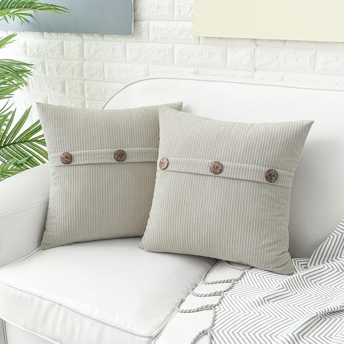 HWY 50 Light Grey Gray Chenille Throw Pillow Covers 22x22 Inch with Triple Buttons, Soft Farmhouse Accent Decorative Cushion Cases for Couch Sofa Bed Living Room Pack of 2