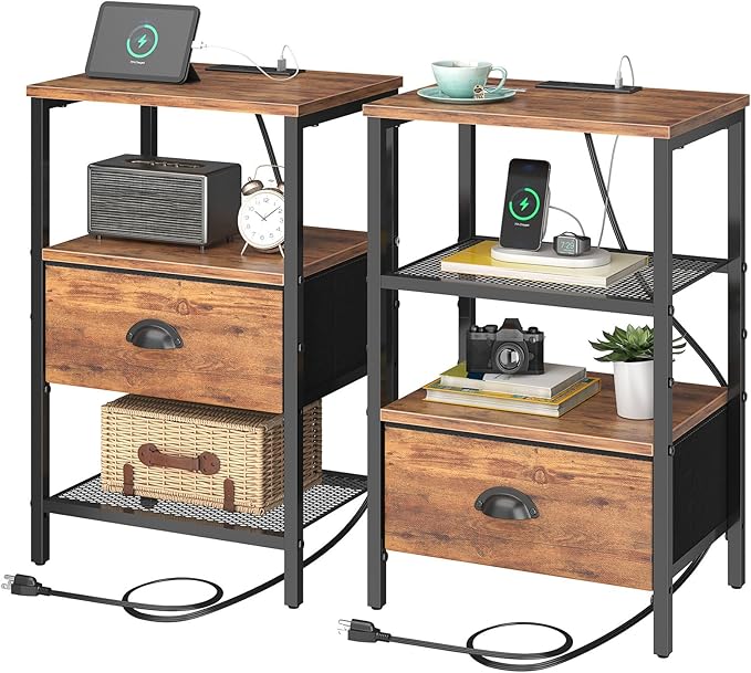 Nightstands Set of 2, Night Stands with Charging Station and Fabric Drawer, Bedside Tables with Drawers, 2- Tier Side Table with Open Shelf, Nightstands with Charging Station,Rustic Brown