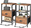 Nightstands Set of 2, Night Stands with Charging Station and Fabric Drawer, Bedside Tables with Drawers, 2- Tier Side Table with Open Shelf, Nightstands with Charging Station,Rustic Brown