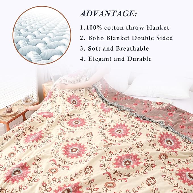 Snycler Boho Throw Blanket for Bed - 100% Cotton Ultra Soft Rustic Quilt - Pink Boho Floral Printed Farmhouse Decor Bed Blankets, 60"×80" All Season Rustic Throw for Sofa Couch Chair