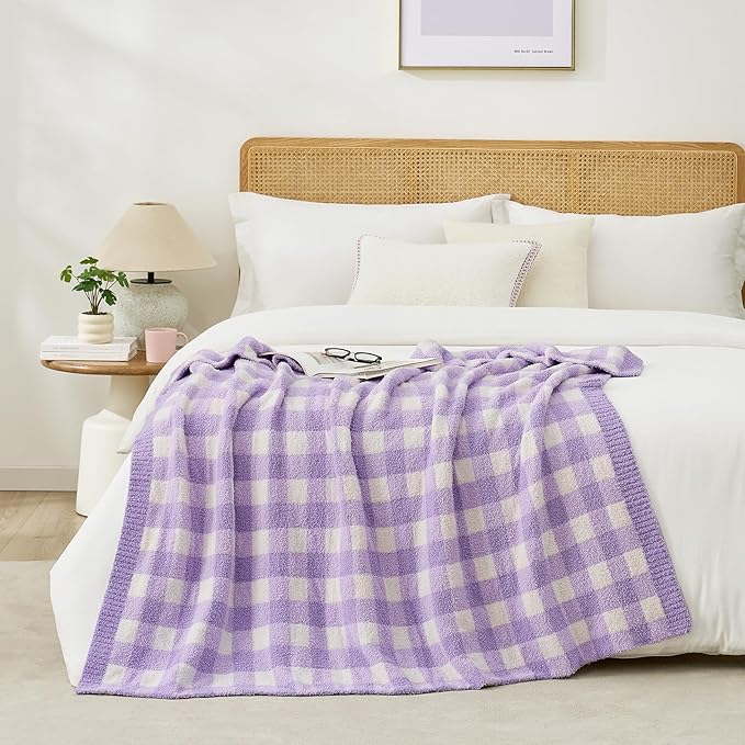 Snuggle Sac Checkered Throw Blanket for Couch, Super Soft Cozy Warm Knit Netural Decorative Fluffy Blankets, Reversible Buffalo Plaid Microfiber Throws for Sofa Bed, Plaid Purple, 50x60 Inches
