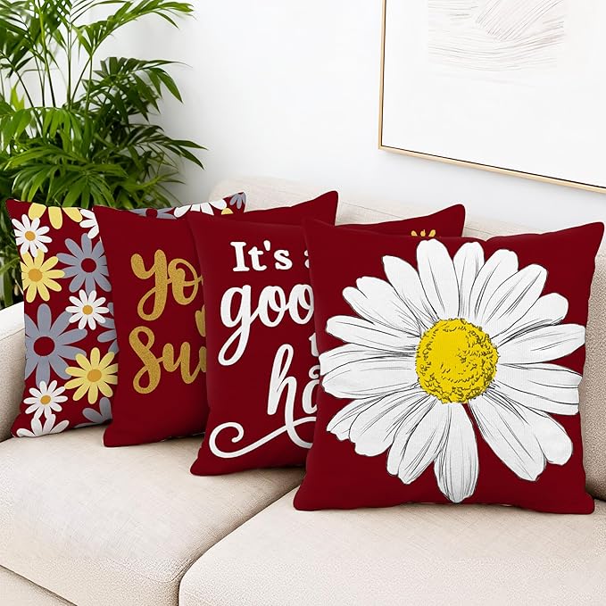 Hexagram Spring Summer Pillow Covers 18x18 Set of 4, Outdoor Floral Daisy Decorative Burgundy Throw Pillow Covers, You are My Sunshine Farmhouse Cushion Case for Couch Sofa Indoor Decor(No Insert)