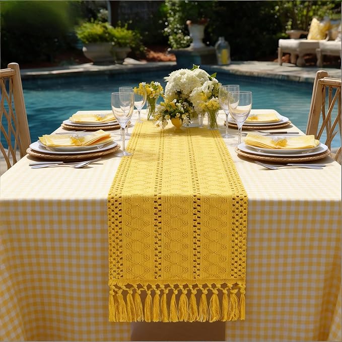 Socomi Boho Table Runner Macrame Easter Spring Farmhouse Woven Cotton Linen Rustic Coffee Table Runner with Tassels for Dresser Scarf Home Decor Dining Room 12x90 in Yellow Gold