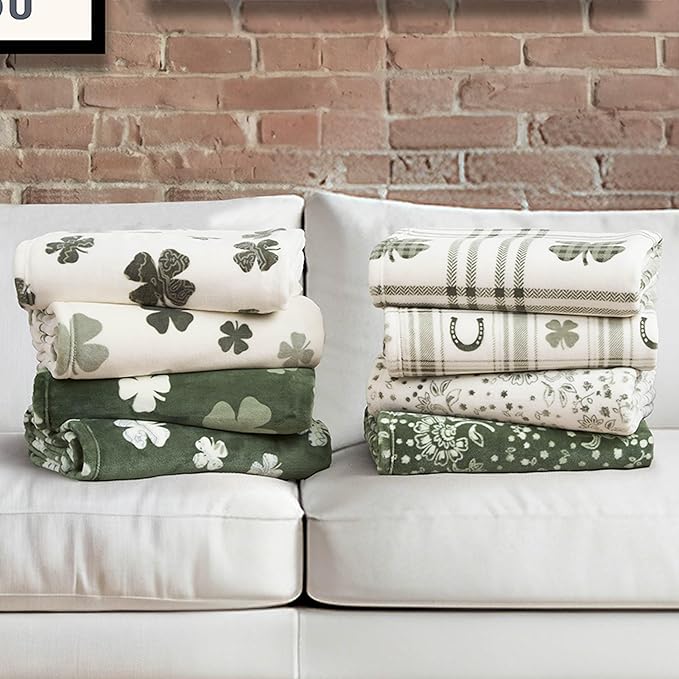 Lucky Brand 50" x 70" Plush Throw Blanket, Clover Horseshoe Plaid Sage Green Blanket for Sofa or Bed