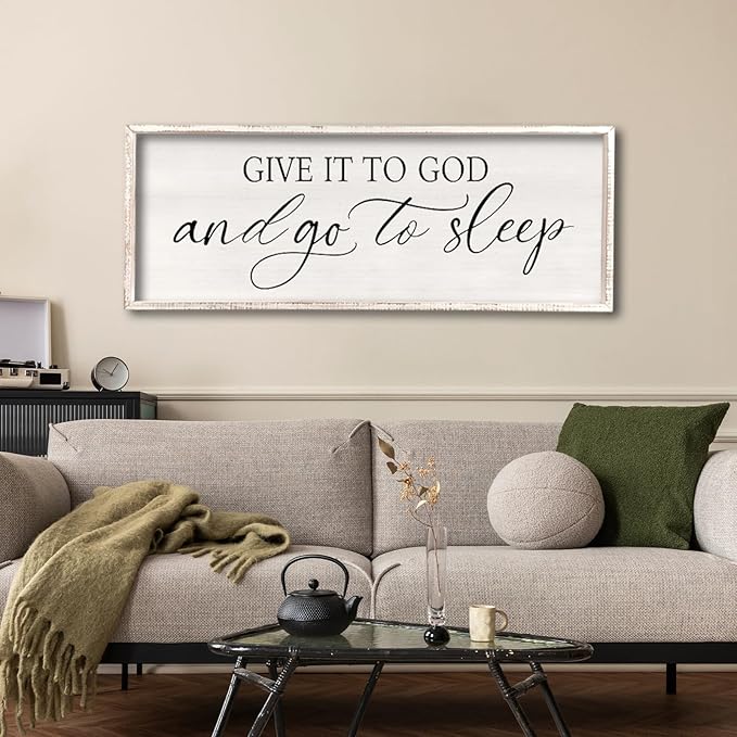 comurdyo Christ Religious Wall Decor Give It To God And Go To Sleep Sign 32"×12" for Christian Prayer Holy Modern Rustic Simple Master Bedroom Above Over Bed Wall Decor Plaque Hanging (White)