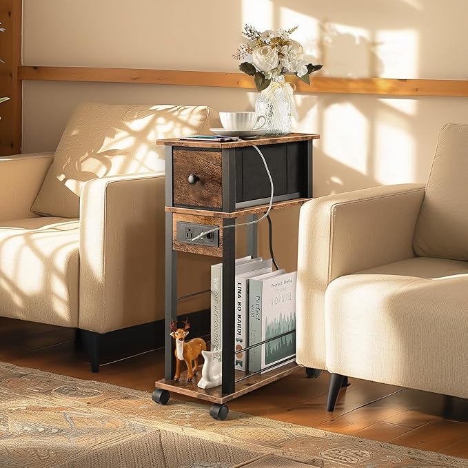 2 Pack Narrow Side Table- Nightstand with Charging Station (2 USB + 1 AC Outlet) & Drawer, Mute Wheels for Minimalist/Bedroom/Living Room/Office(Rustic Brown + Black)