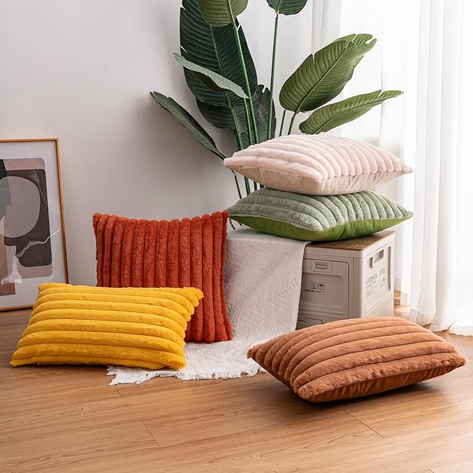 Aegero Pack of 2 Faux Fur Fall Throw Pillow Covers 24x24 Inch, Soft Plush Striped Neutral Couch Pillow Cover, with Velvet Back Modern Home Decor for Sofa Living Room Couch Bed Coffee