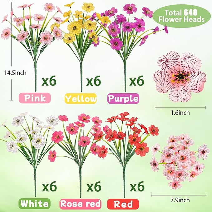 MACTING 36 Bundles Artificial Flowers for Outdoors UV Resistant Fake Flowers Faux Plastic Plants No Fade for Planters Window Patio Porch Home Garden Indoor Outside Spring Decorations(Mix Color-1)