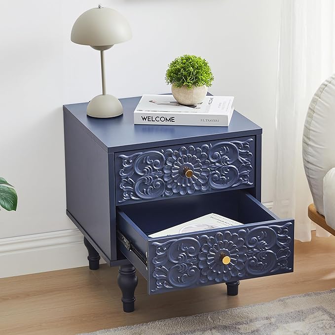 Nightstand, Farmhouse Bedside Table with 2 Drawers and Metal Handles, Wood Sofa Side Table End Table Accent Dresser for Bedroom, Living Room (Blue) (15.75 x 16.02 x 18.15 Inch)