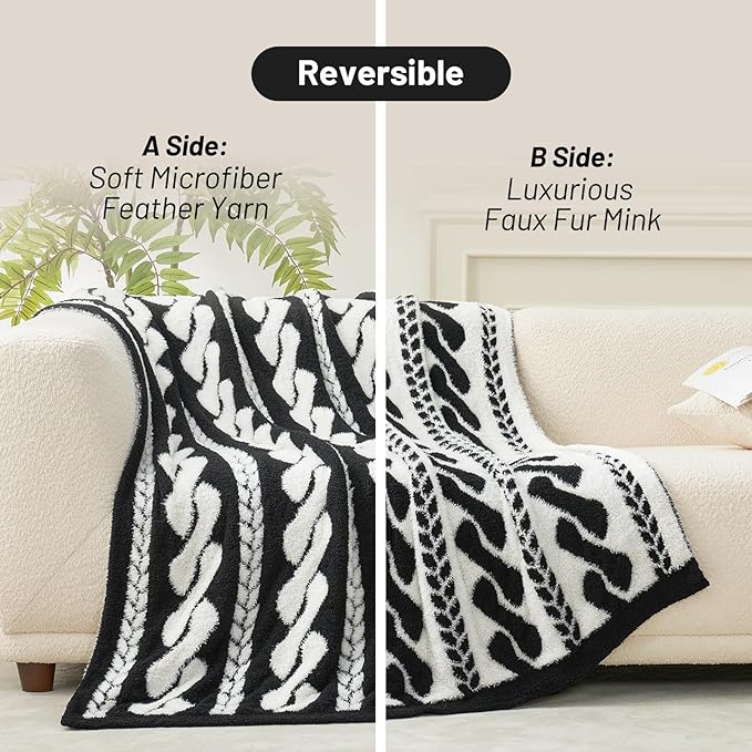 Amélie Home Knit Throw Blanket for Couch, Super Soft Fuzzy Cozy Throw, Giftable Knitted Blanket for Women Men, Birthday, Sofa Bed Living Room Decor, 50" x 60", Cable Black & White