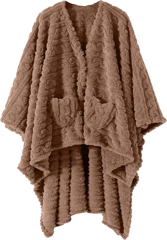 Wearable Blanket Sherpa Fleece Shawl Blanket with Pockets Blanket Poncho Cape for Adults, Cozy Shawl TV Throw Blankets