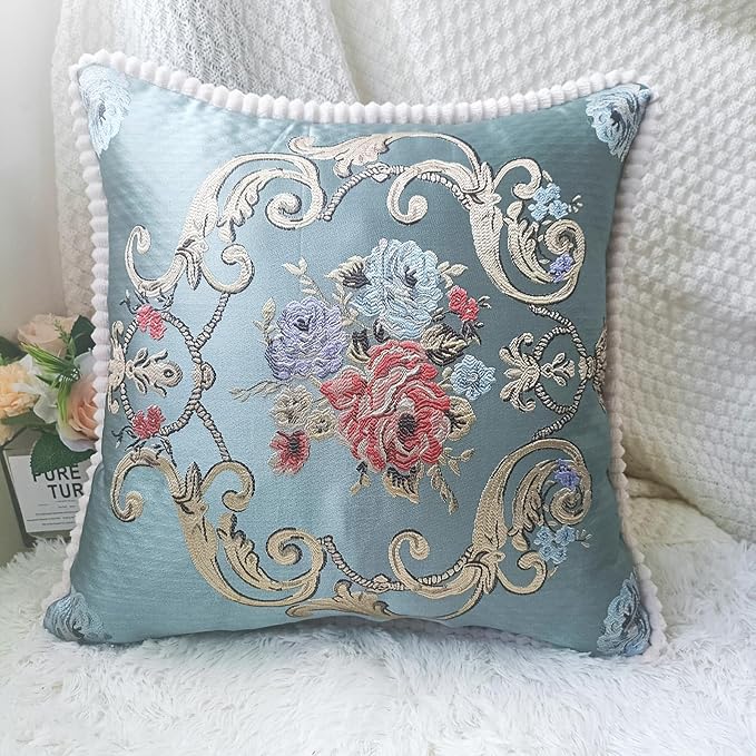 SZHELEJIAM Pillow Cover 18x18 Set of 2,Embroidered Jacquard Throw Pillow Covers,Vintage Floral Decorative Cushion Covers for Sofa, Bed,Lounger Blue