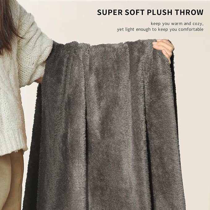 Plush Fleece Throw Blanket for Couch and Bed, Fluffy Fuzzy Cozy Queen-Size Soft Blankets All Season Use (60x80 Inches,Grey)