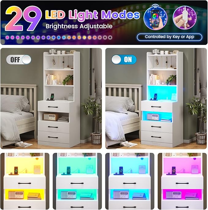 AOGLLATI Tall Nightstand Set of 2 with Charging Station and LED Lights, Night Stand with 3 Drawers and Bookshelf, White Modern Bedside Table with Storage Shelves for Bedroom