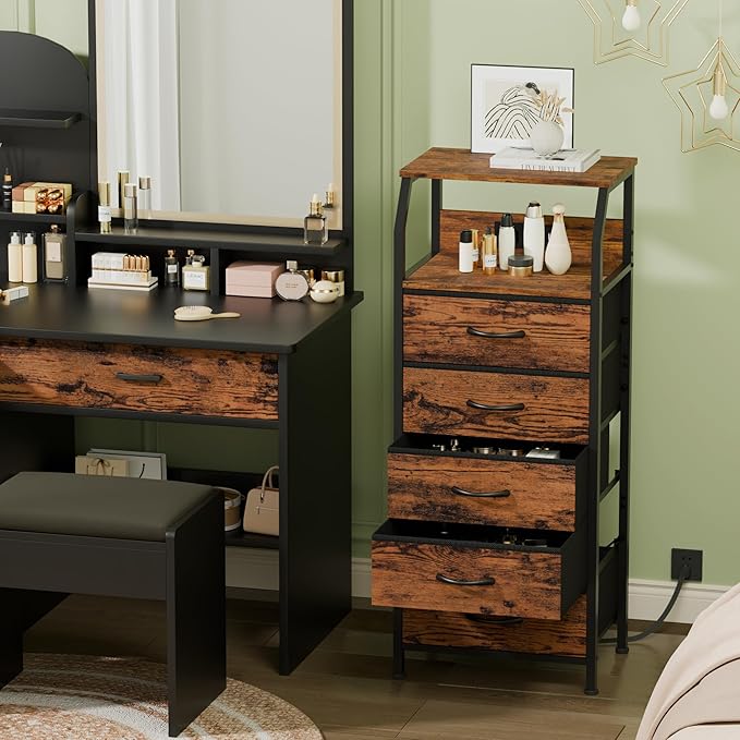 Furnulem 5 Drawers Dresser with Charging Station, Tall Night Stand with Storage Shelf, Fabric Chest of Drawers, Bedside Table for Closet, Entryway, Bedroom Furniture, 3 Ways to Use, Rustic Brown
