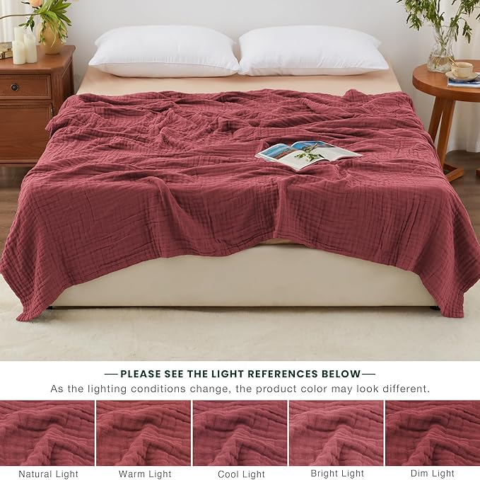 Love's cabin 100% Cotton Muslin Blanket, 6 Layer Lightweight Breathable Gauze King Size Blanket 108 x 90 Inches, Soft Summer Blanket for Bed, Wine Red