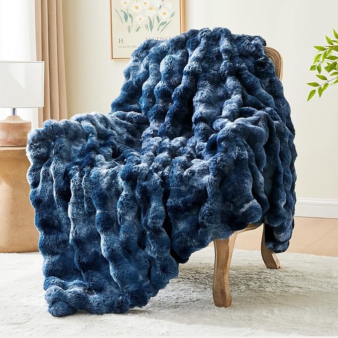 BEDELITE Faux Fur Throw Blanket for Couch, Decorative Tie-Dye Blue Plush Bubble Blanket - Super Soft & Cozy Fluffy Faux Rabbit Fur Blanket for Women Gift, 60x80 Inches