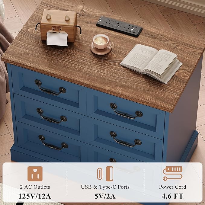 Farmhouse Night Stand with Charging Station, 27.6" Wider Blue Wood Nightstand with 3 Drawers Dividers Storage, Larger Bedside Table, Side Table End Table for Bedroom, Living Room, Sofa