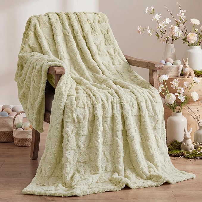 Horaldaily Easter Solid Blanket Throw, Beige Rabbits Soft Fuzzy Plush Faux Fur Cozy Blankets for Couch Sofa Bed Lounging, Ideal Gifts for Kids Adults Wife Self, 60x80