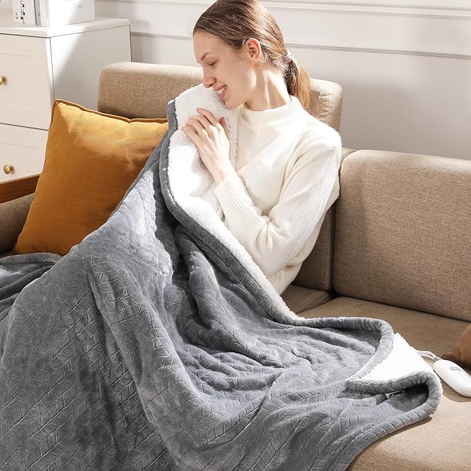 Twin Electric Blanket 62"x84" Heating Blanket Twin, Wheat Pattern Ultra-Soft Flannel & Thick Sherpa with 5 Heat Settings & 10 Hour Auto Shut-Off, ETL & FCC Certified, Machine Washable Home Use, Grey