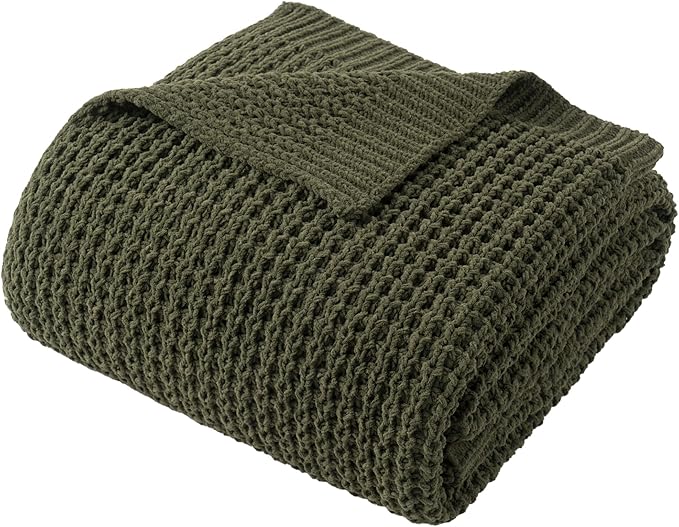 Bunnikins & Clover Olive Green Throw Blanket for Couch, Waffle Knit Blanket Throw, Super Soft Warm Dark Green Throw Blanket for Home Decor,Sofa and Living Room, 60"x80"