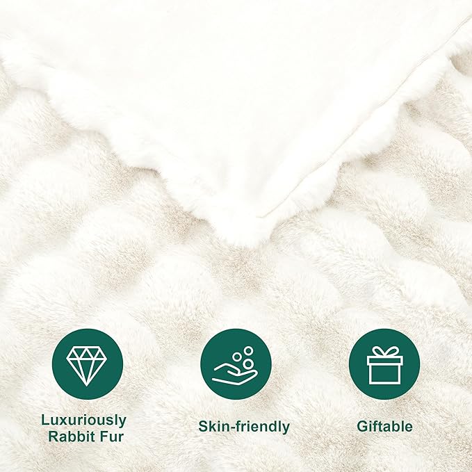DREAMNINE Soft Faux Rabbit Fur Throw Blanket for Couch, Thick Cozy Decorative Warm Fuzzy Bubble Fur Blanket for Sofa Chair Bedroom Living Room Dorm Gift, 50 * 60 Inches, Cream White