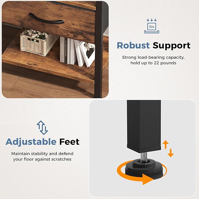 DUMOS Nightstand Set of 2 with Wireless Charging Station Bed Side Tables with Adjustable Fabric Drawers 3-Tier Storage End Tables Modern Design,Brown