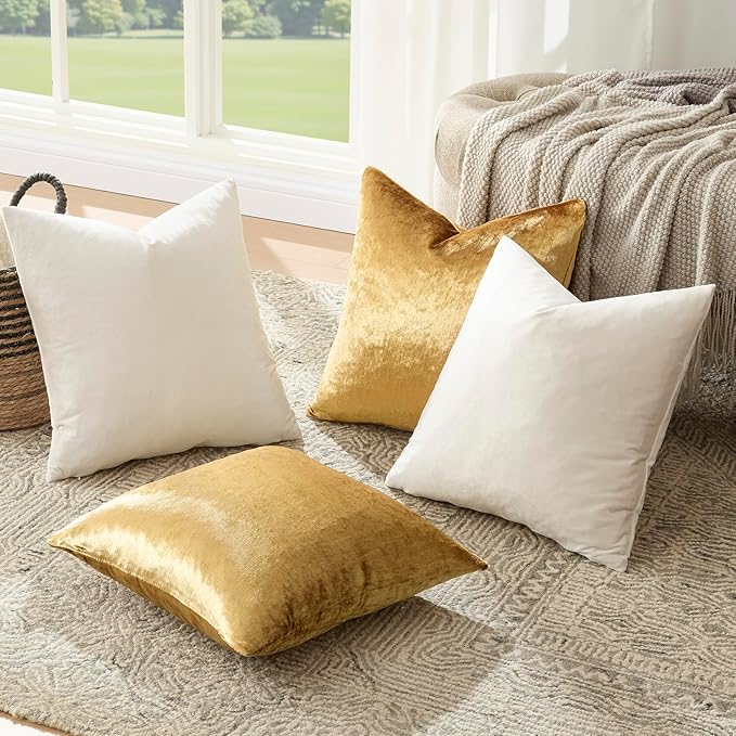 GIGIZAZA Velvet Pillow Covers 18x18,Ivory Gold Soft Throw Pillow Covers Set of 4 Square Decorative Modern Pillows Covers for Living Room