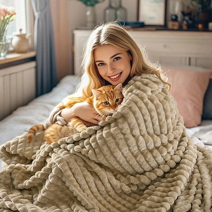 PHF Luxury Soft Fleece Blanket Queen Size, No Shed No Pilling, 380GSM Fluffy Cozy Throw Blankets for Bed, 90"x90", Lightweight Warm Bedding for Home Decor, Ideal Gift for Women, Khaki